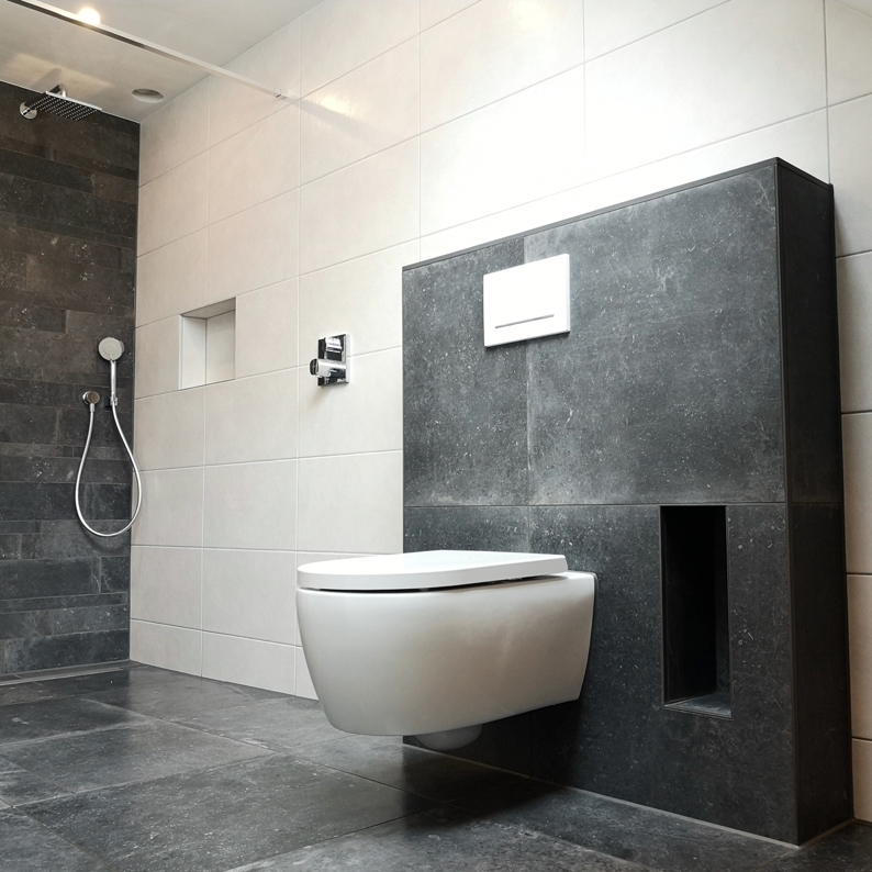 Badkamer met lichte wandtegels, een donkere leisteen douchewand en een hangend toilet met nis